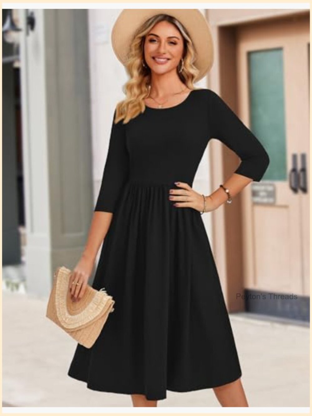 3/4 Sleeve Midi Dress with Pockets, Crewneck, A-Line Flowy Tshirt Dress, Soft - Picture 4 of 7